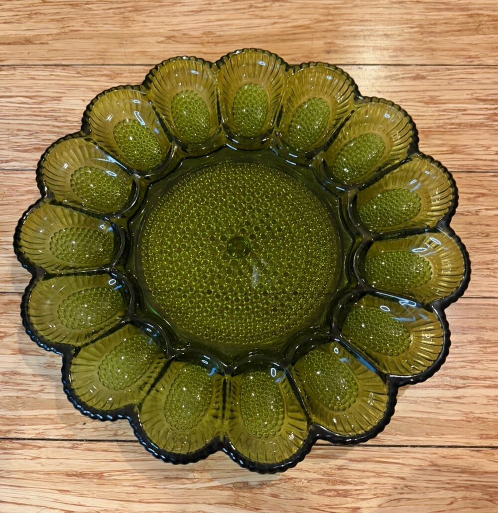 VTG Indiana Glass Avocado Green Hobnail 15 Deviled Egg Dish Plate 11.25” 1960s
